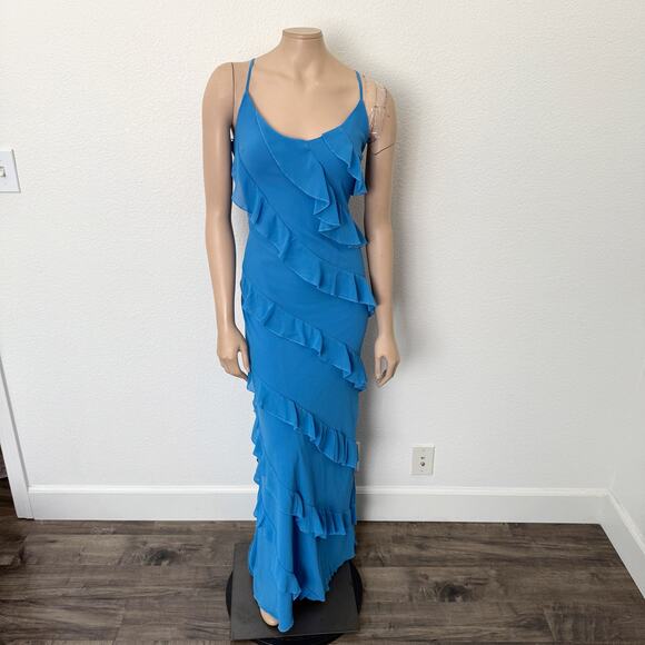 [Petal & Pup] Blue Ciao Tiered Ruffles V-Neck Maxi Dress Side Slit Wedding Sz XL - Picture 2 of 11
